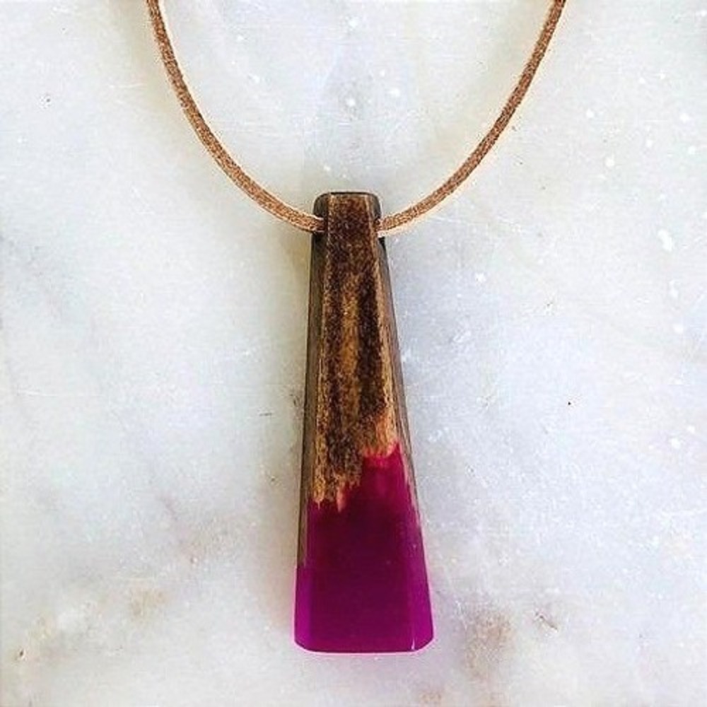 Handmade Wood and Magenta Resin Geometric Bar Pendant Necklace Tan‎ Cord